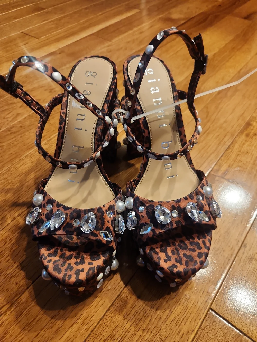 Gianni Bini Leopard Print Embellished Platform Sandals - Brown Size 8.5